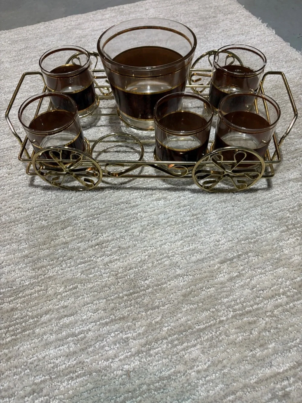Culver Tortoise 22K. trimmed bar set in original classic wagon shaped carrier